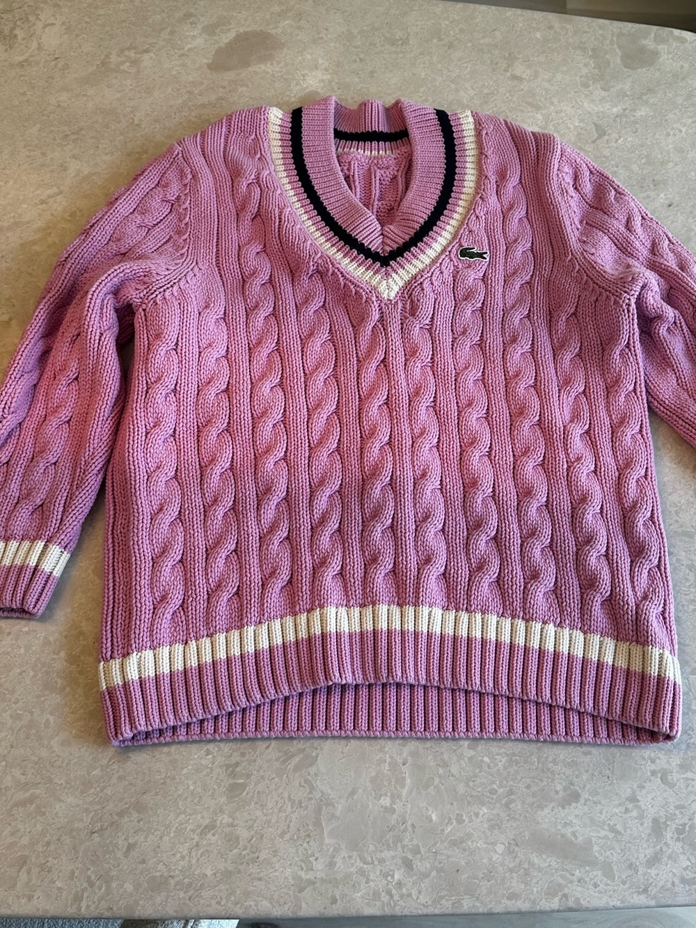 Lacoste Pink Cable Knit V-Neck Sweater with Cream & Black Trim